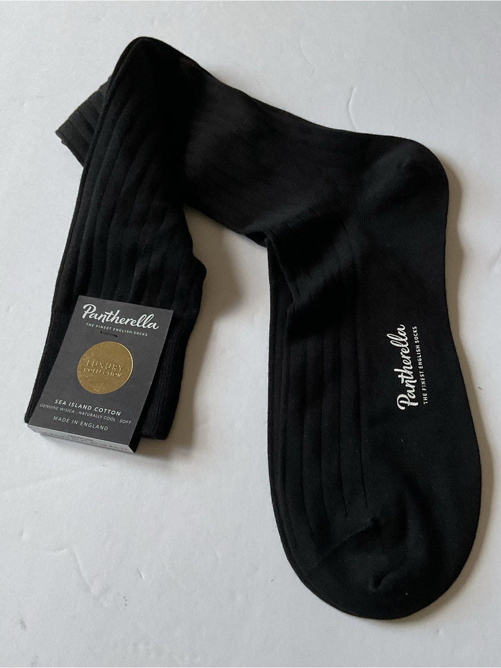 PANTHERELLA MENS PEMBREY SEA ISLAND  COTTON KNEE HIGH SOCKS BLACK MEDIUM NWT